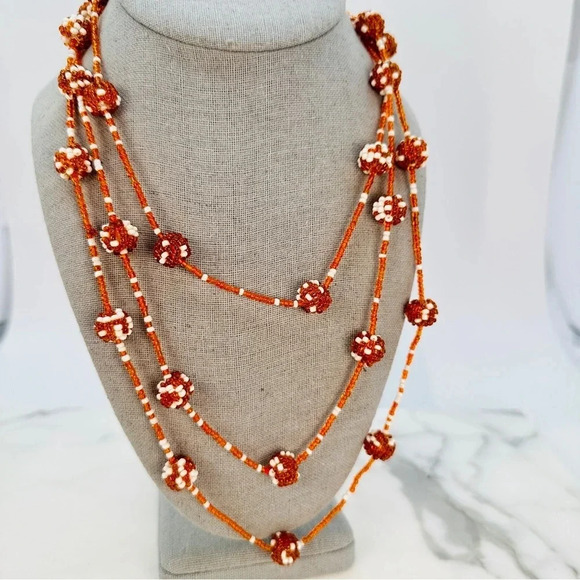 Vintage Beaded Station Necklace Very Long 62” Burnt Orange Polka Dot Est… - Picture 1 of 9